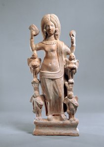 Bir tarak ve ayna tutan bir kadın heykelciği (belki de Venüs), 3. yüzyıl (pişmiş toprak)